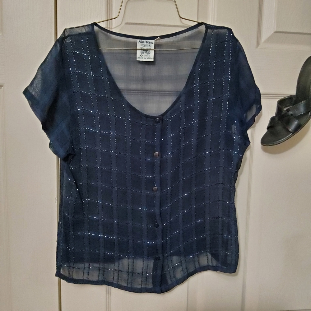 Papillon Blanc Navy Sheer Embellished Button-Front Top